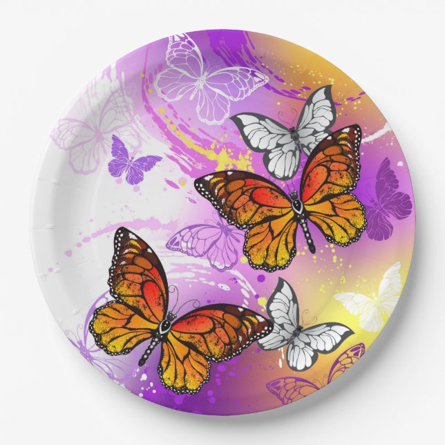 Monarch Butterflies on Purple Background Pappteller (Vorderseite)