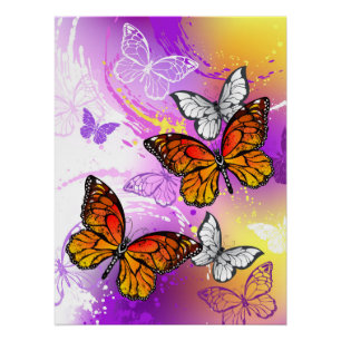Monarch Butterflies on Purple Background Poster