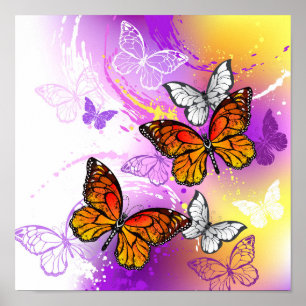 Monarch Butterflies on Purple Background Poster