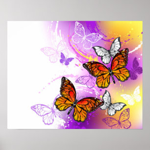 Monarch Butterflies on Purple Background Poster