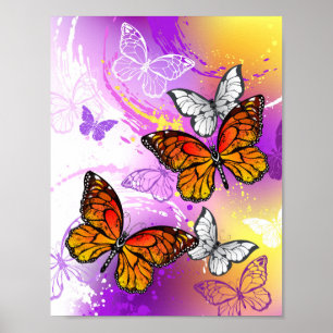 Monarch Butterflies on Purple Background Poster