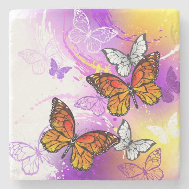 Monarch Butterflies on Purple Background Steinuntersetzer (Vorderseite)