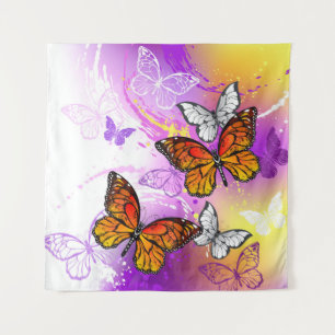 Monarch Butterflies on Purple Background Wandteppich