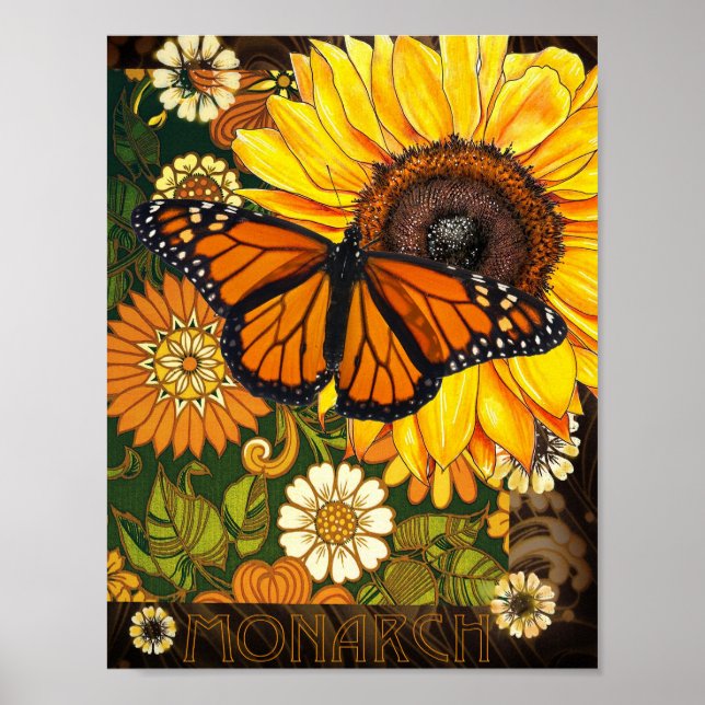  Monarch Butterfly and Sunflower Vintage Collage Poster (Vorne)