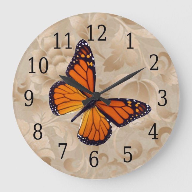 Monarch Butterfly auf der braunen Blumenuhr Große Wanduhr (Vorderseite)