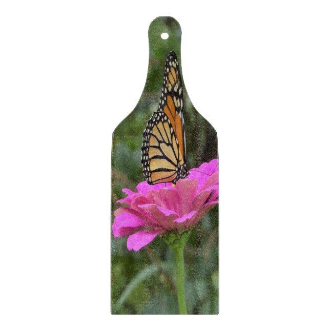 Monarch Butterfly auf der Hübschen rosa Zinnia-Blu Schneidebrett (Vorderseite)