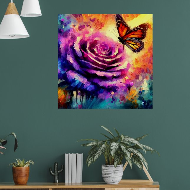 Monarch Butterfly auf Lila Rose bei Sonnenuntergan Poster (Wohnzimmer 1)