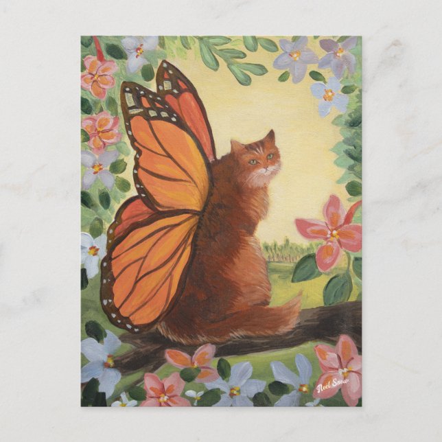 Monarch Butterfly Cat auf der Wiese Postkarte (Vorderseite)