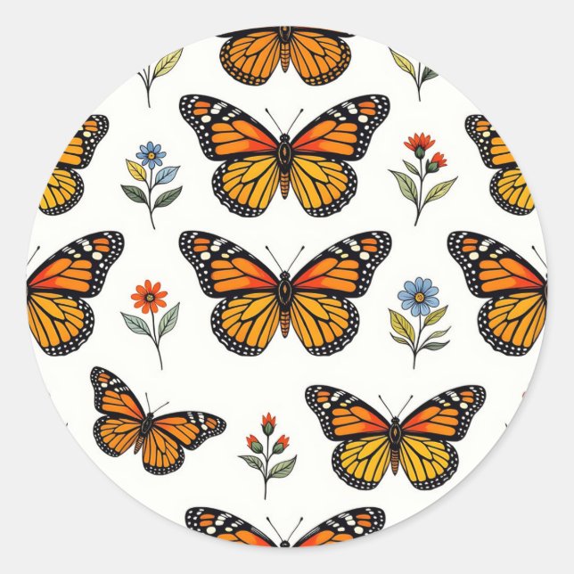 Monarch Butterfly Floral Pattern Runder Aufkleber (Vorderseite)