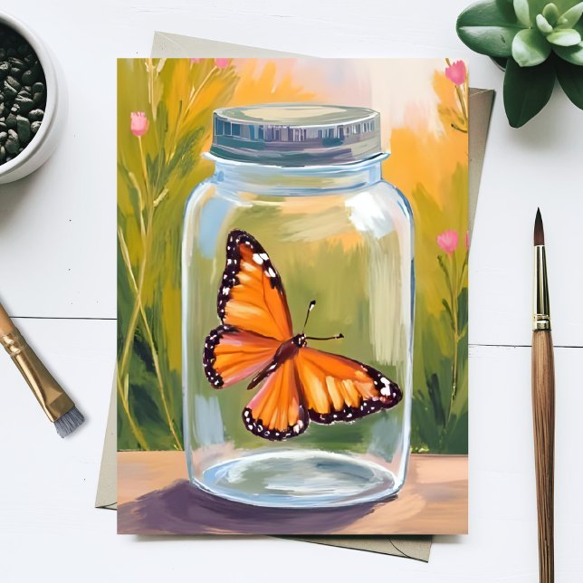 Monarch Butterfly Jar Watercolor Painting Postkarte (Von Creator hochgeladen)