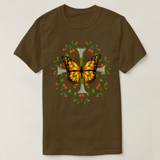 Monarch Butterfly mit Datura Blooms Leaf Mandala T-Shirt (Design vorne)