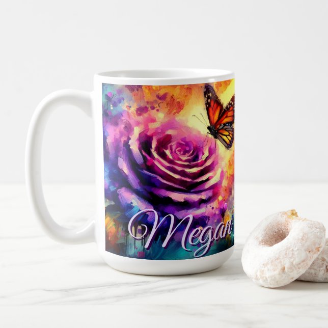 Monarch Butterfly on Rose at Sunset Personalized Kaffeetasse (Mit Donut)