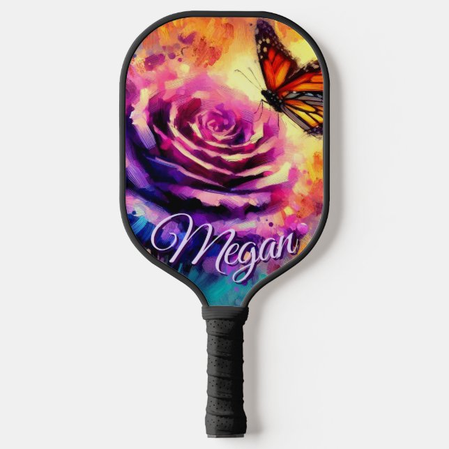 Monarch Butterfly on Rose at Sunset Personalized Pickleball Schläger (Vorderseite)