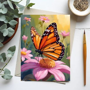 Monarch Butterfly Pink Blume Blumengemälde Postkarte