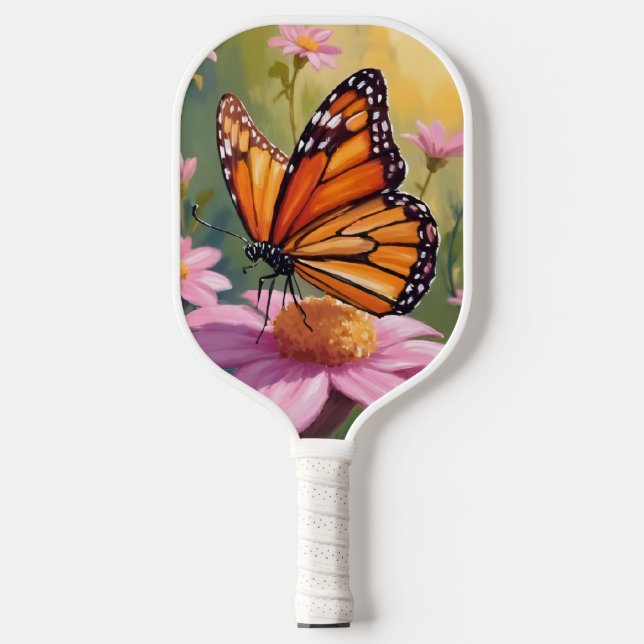 Monarch Butterfly Pink Flower Floral Painting Pickleball Schläger (Vorderseite)
