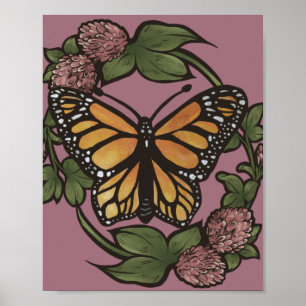 Monarch Butterfly Red Clover Garden Schmetterlinge Poster