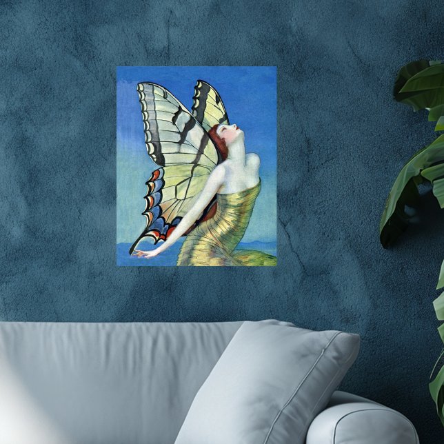 Monarch Butterfly Rotes Haar Vintag Fairy Poster (Pretty red haired monarch butterfly fairy gold dress blue sky on wall poster.)