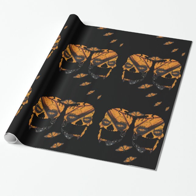 Monarch Butterfly Skulls Schwarzes Halloween Geschenkpapier (Ungerollt)