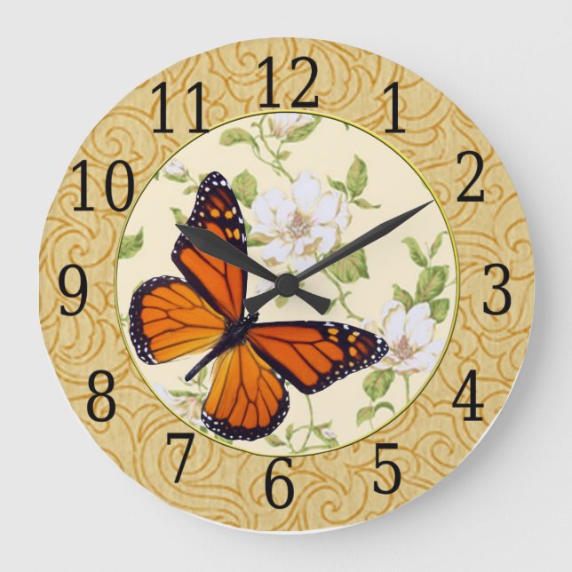 Monarch Butterfly und Dogwood-Blume-Uhr Große Wanduhr (Vorderseite)