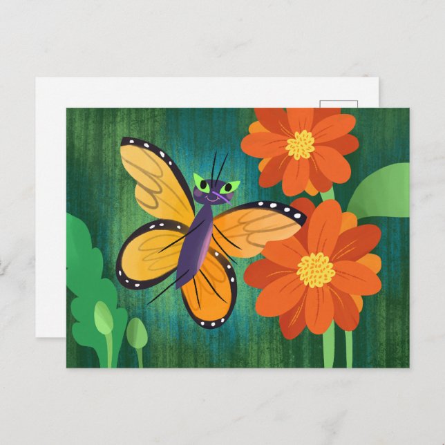 Monarch Butterfly und Red Mum Daisies Postkarte (Vorne/Hinten)