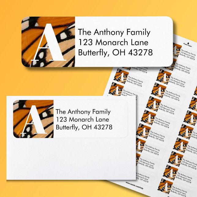 Monarch Butterfly Wing Rücksendeadresse (Monarch Butterfly Return Address Labels with Monogram Initial is a beautiful addition for your mail.)