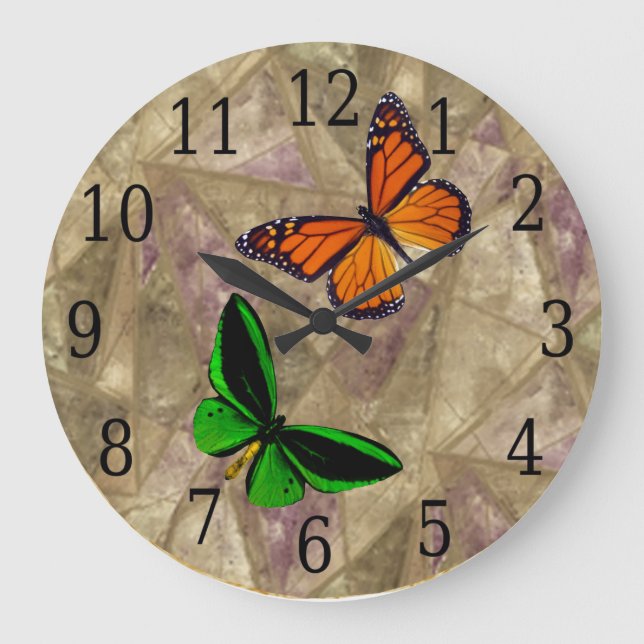 Monarch & Green Butterfly auf Stein-Gläser-Uhr Große Wanduhr (Vorderseite)