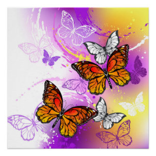 Monarch-Schmetterlinge auf violettem Hintergrund Poster