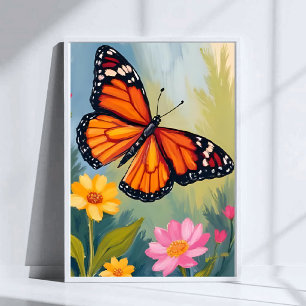 Monarchfalter-Blumen-Aquarellmalerei Poster