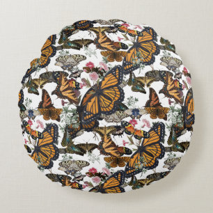 Monarchfalter & Florales Botanisches Muster Rundes Kissen
