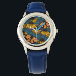 Monarchschmetterling auf gelben Konfektoren Armbanduhr<br><div class="desc">Handgezeichnet nahtloses Muster mit Armbändern und Monarchschmetterlingen.</div>