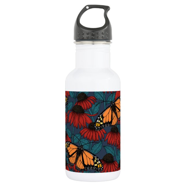 Monarchschmetterling auf roten Konfektoren Edelstahlflasche (Vorderseite)