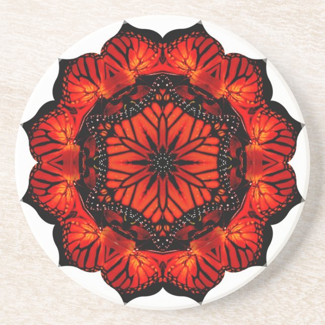 Monarchschmetterlings-Mohnblumen-Blume Mandala Sandstein Untersetzer (Vorne)