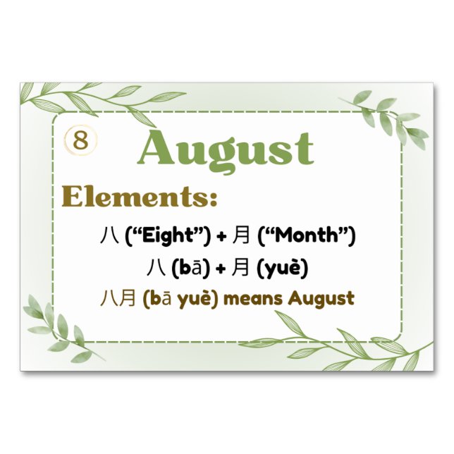 Monate auf Chinesisch (Flash Cards) Tischnummer (Vorderseite)