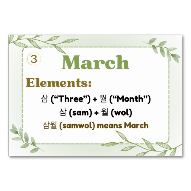 Monate in koreanischer Hangul (Flash Cards) Tischnummer (Vorderseite)