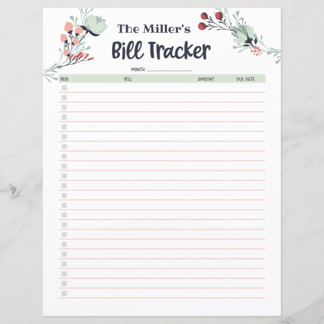 Monatlicher Bill Tracker im Niedlichen Blumenstil (Vorderseite)