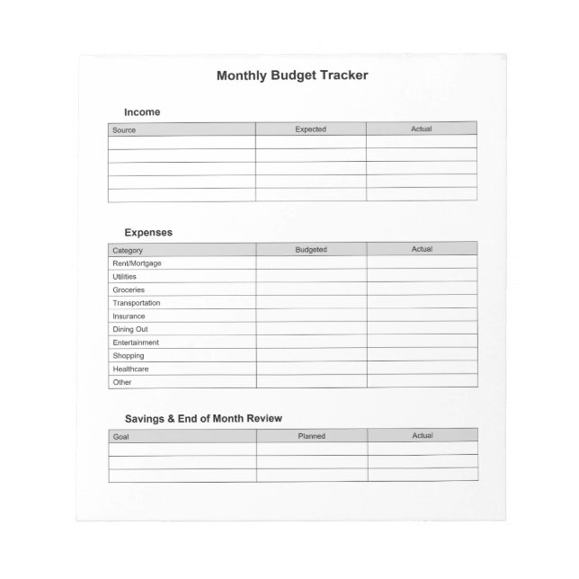 Monatlicher Budgettracker Notizblock (Vorderseite)