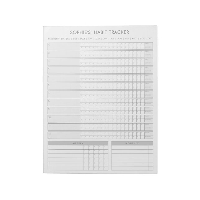 Monatlicher Habit-Tracker - Minimalistischer graue Notizblock (Rotiert)