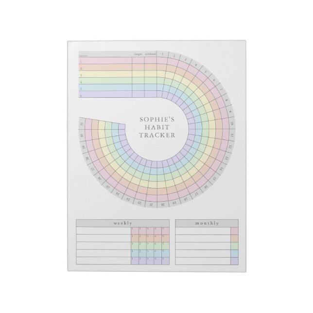 Monatlicher Habit-Tracker - Pastel-Regenbogenplane Notizblock (Rotiert)