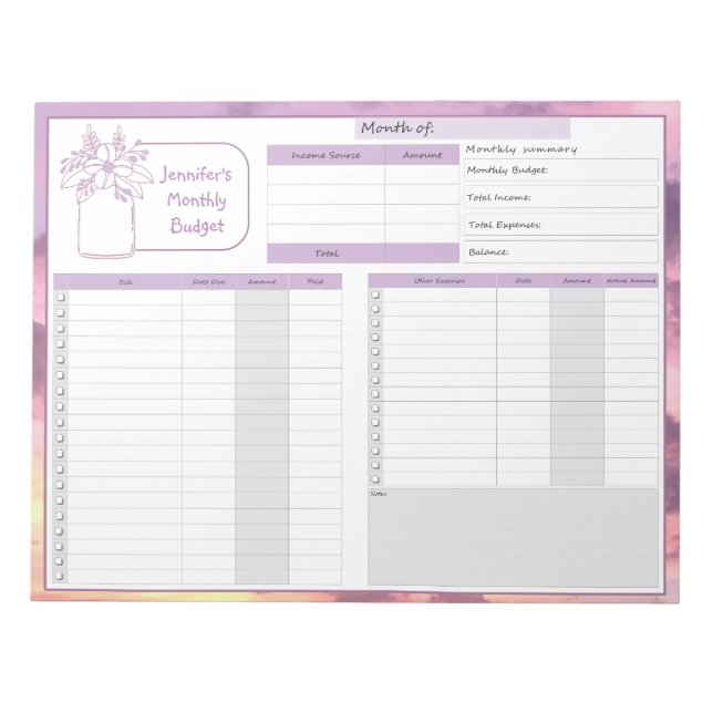 Monatliches Budget und Bill Tracker Lila Gelb Notizblock (Vorderseite)