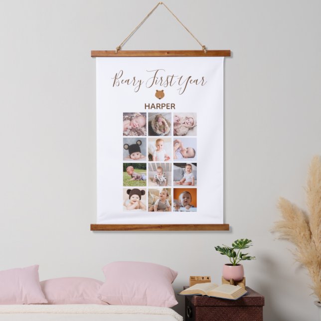 Monatliches Foto Baby erstes Jahr Wandteppich Mit Holzrahmen (Schlafzimmer)