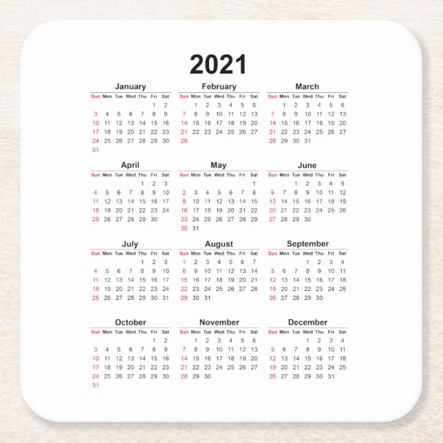 Monatskalender 2021 rechteckiger pappuntersetzer (Vorderseite)