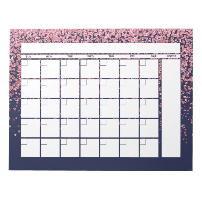 Monatskalender Navy Blue Blush Pink Glitzer Notizblock (Vorderseite)
