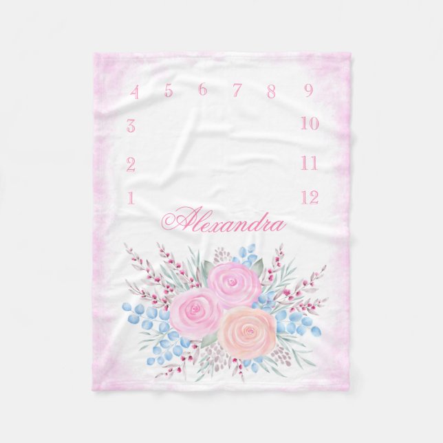 Monatsmilestone Watercolor Pink Roses Baby Girl Fleecedecke (Vorderseite)