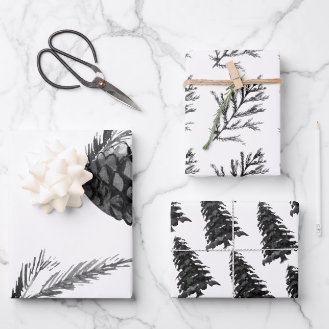Monchrom Winter Christmas Tree Branch Cones Geschenkpapier Set (Vorderseite)