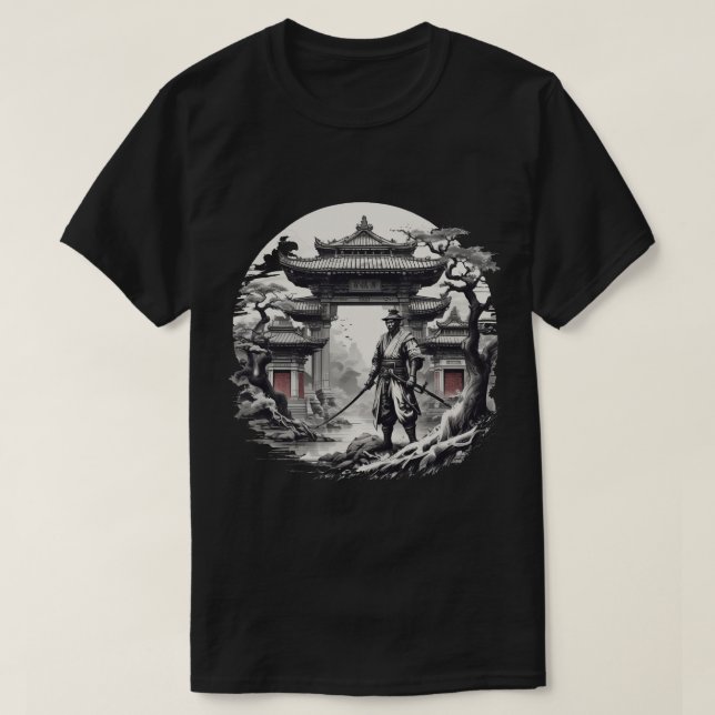 Monchrome Samurai Warrior Illustration T-Shirt (Design vorne)