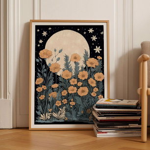 Mond & Blumen im Vintage-Blockstil, Whimsigoth Poster