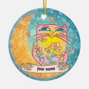Mond Blumen Katze  Keramik Ornament