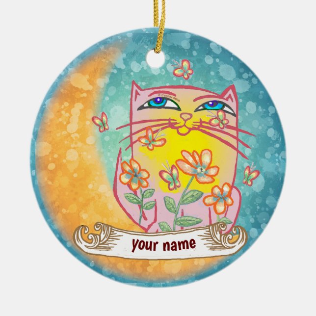 Mond Blumen Katze  Keramik Ornament (Vorne)