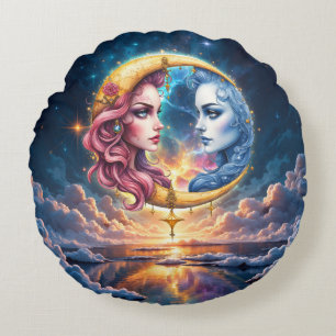 Mond der ewigen Balance – Feuer- und Wasserseelen. Rundes Kissen