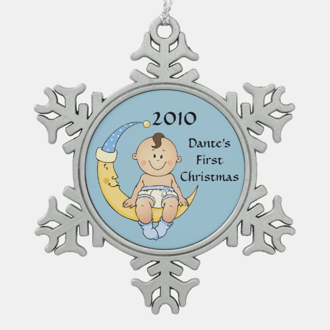 Mond-Jungen-blaues kundengerechtes des Babys Schneeflocken Zinn-Ornament (Vorderseite)